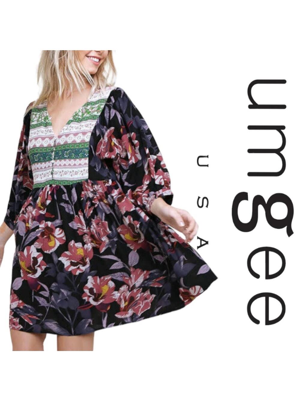 Umgee Floral Mixed Print Peasant Dress Size Small